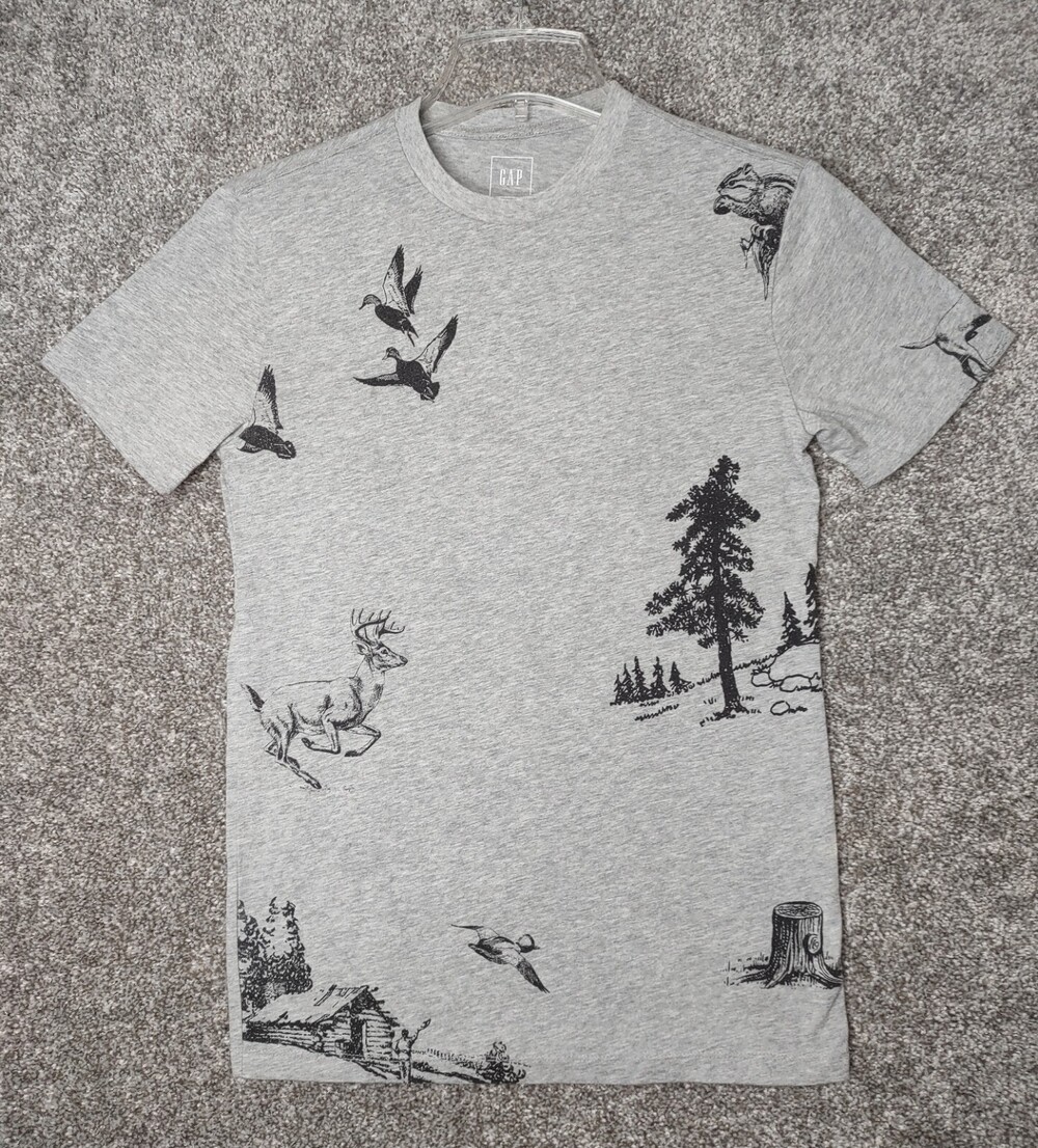 Gap T-shirt Womens XS Gray Wildlife Deer Duck Forest Nature Pacific Northwest